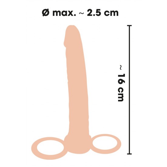 Anal Special nature Dildo flexível (, 2,5 cm de diâmetro 16 cm de comprimento) com anel para o pênis (Ø 3 cm) e anel para testículos (O 5 centímetros, elástica). Material: TPR, livre ftalatos.
