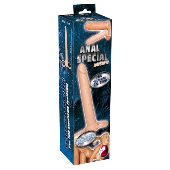 Dildo flexível (, 2,5 cm de diâmetro 16 cm de comprimento) com anel para o pênis (Ø 3 cm) e anel para testículos (O 5 centímetros, elástica). Material: TPR, livre ftalatos.