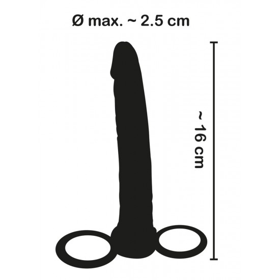 Agora já vale por dois...Dildo com 16cm de comprimento e anéis para o pénis com diâmetro 3cm e testículos com 5cm flexível. Material confortável, liso e macio, com representação das veias para uma sensação mais real e de