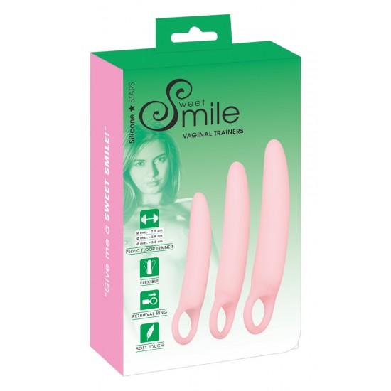 Conjunto de treinamento para o assoalho pélvico, alongamento anal e autotratamento suave para o vaginismo! Conjunto de 3 dildos Vaginal Trainers da Sweet Smile em diferentes tamanhos e pesos: 1 x PEQUENO comprimento co
