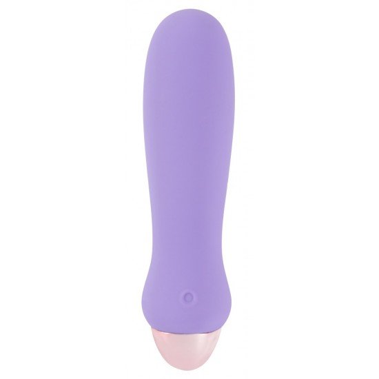 Mini vibrador roxo com bojo côncavo na ponta da haste. Possui 7 modos de vibração e pode ser recarregado com o cabo USB incluso. Fácil de usar e com um design elegante. À prova dágua. Comprimento total 12,5 cm, Ø 2,3