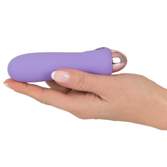 Mini vibrador roxo com bojo côncavo na ponta da haste. Possui 7 modos de vibração e pode ser recarregado com o cabo USB incluso. Fácil de usar e com um design elegante. À prova dágua. Comprimento total 12,5 cm, Ø 2,3