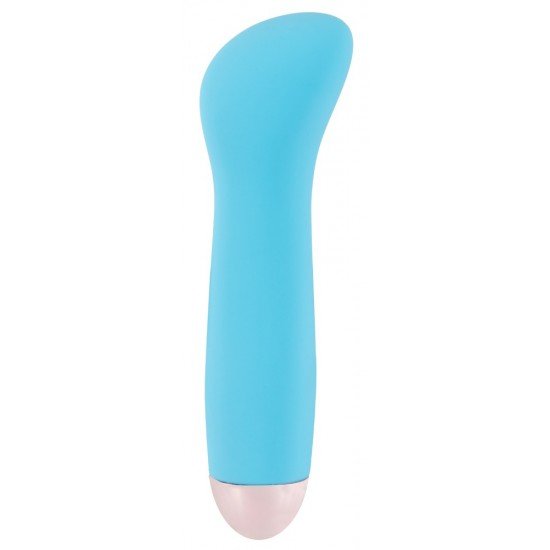 Mini vibrador azul com reentrância côncava na haste. Tem 7 modos de vibração diferentes e pode ser recarregado com o cabo USB incluído. Fácil de usar e com um design elegante. À prova dágua. Comprimento total 12,9 cm,