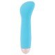 Mini vibrador azul com reentrância côncava na haste. Tem 7 modos de vibração diferentes e pode ser recarregado com o cabo USB incluído. Fácil de usar e com um design elegante. À prova dágua. Comprimento total 12,9 cm,