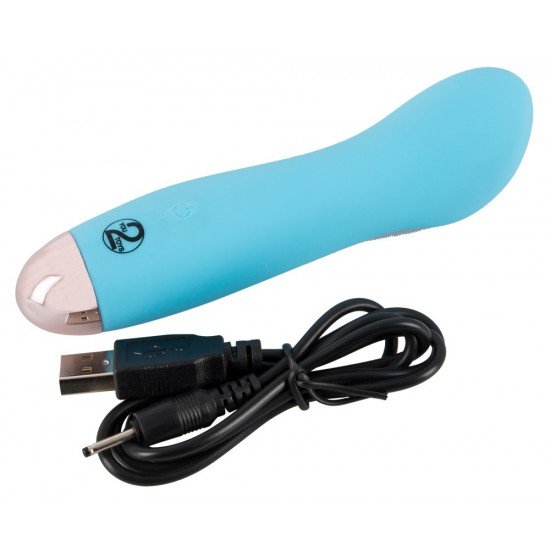 Mini vibrador azul com reentrância côncava na haste. Tem 7 modos de vibração diferentes e pode ser recarregado com o cabo USB incluído. Fácil de usar e com um design elegante. À prova dágua. Comprimento total 12,9 cm,