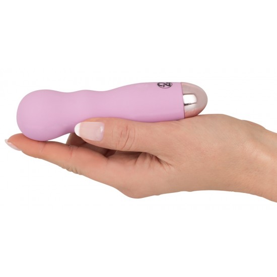 Mini vibrador rosa claro com duas reentrâncias côncavas na haste. Tem 7 modos de vibração diferentes e pode ser recarregado com o cabo USB incluído. Fácil de usar e com um design elegante. À prova dágua. Comprimento t