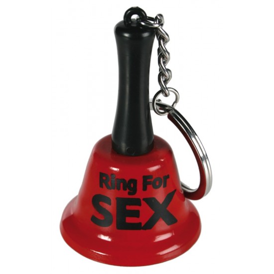 A perfect item for your shop counter! Keyring in the shape of a red bell. It has a black handle and black text ("Ring for Sex"). Length 6.5 cm, Ø 3.7 cm. Metal.