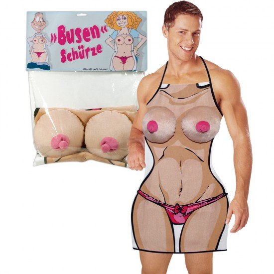 Agora ninguém vai conseguir parar de rir.Divertido avental com a imagem de um torso feminino e com mamas suaves de plush.