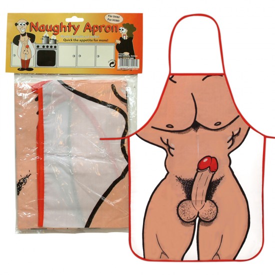 White apron, with cartoon-like male body imprint with an impressive penis.