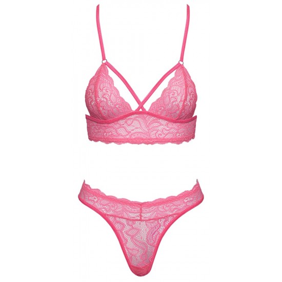 ConjuntoSutiã e Tanga S/M Conjunto de sutiã e tanga sem aro com decote halterRenda delicada em uma cor chamativa: rosa neonInserção de renda nas costasAlça traseira ajustávelMacio e elástico para um ajuste muito confortável Renda sensual em uma c