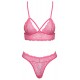 ConjuntoSutiã e Tanga S/M Conjunto de sutiã e tanga sem aro com decote halterRenda delicada em uma cor chamativa: rosa neonInserção de renda nas costasAlça traseira ajustávelMacio e elástico para um ajuste muito confortável Renda sensual em uma c
