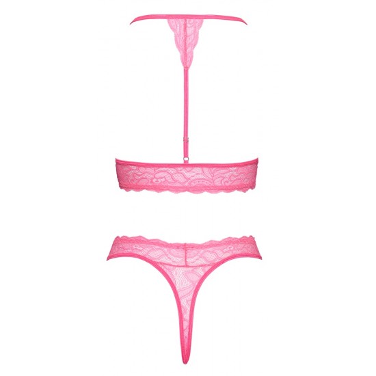 ConjuntoSutiã e Tanga S/M Conjunto de sutiã e tanga sem aro com decote halterRenda delicada em uma cor chamativa: rosa neonInserção de renda nas costasAlça traseira ajustávelMacio e elástico para um ajuste muito confortável Renda sensual em uma c