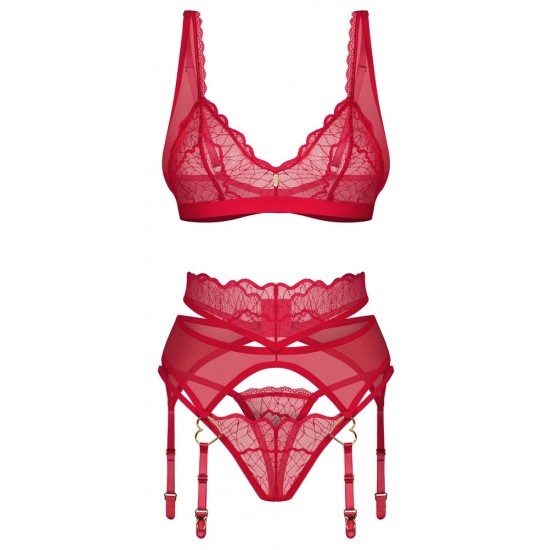 Obsessive Conjunto Cupido S/M Sutiã, cinto suspensor e cordão em um conjuntoSensual cor vermelha transparenteLook delicado de rendaDetalhes decorativos em douradoSutiã ajustável e alças suspensasMacio e elástico para um ajuste muito confortável Verme