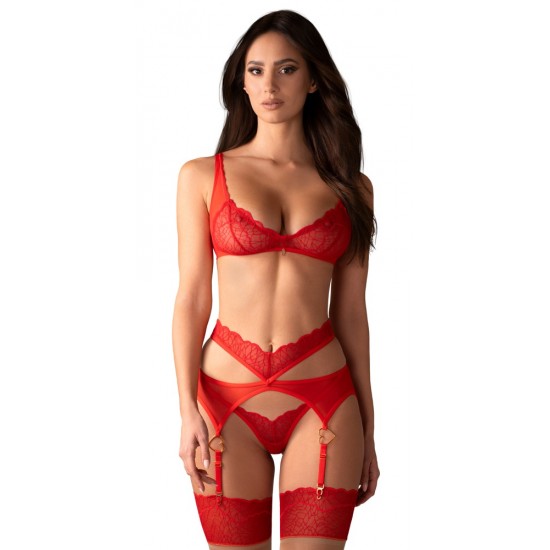 Obsessive Conjunto Cupido S/M Sutiã, cinto suspensor e cordão em um conjuntoSensual cor vermelha transparenteLook delicado de rendaDetalhes decorativos em douradoSutiã ajustável e alças suspensasMacio e elástico para um ajuste muito confortável Verme