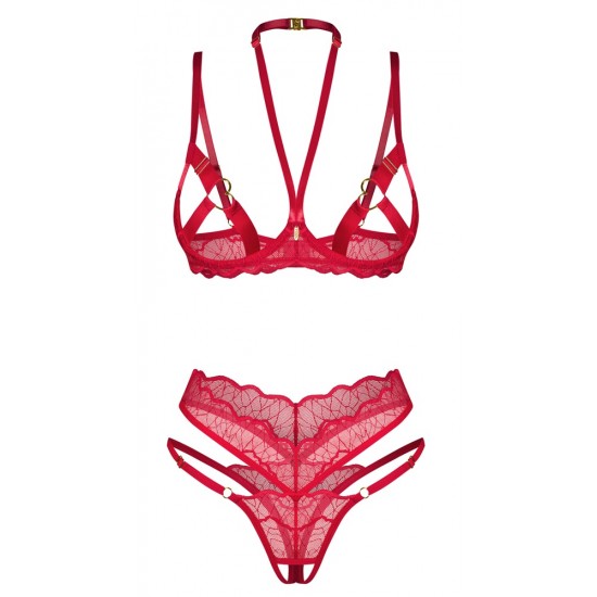 Conjunto crotchless com sutiã e cordãoRenda delicada em uma sensual cor vermelhaDetalhes decorativos em douradoElemento decorativo entre as xícaras abertasCorações decorativos para os mamilosHalterneck ajustável, alças d