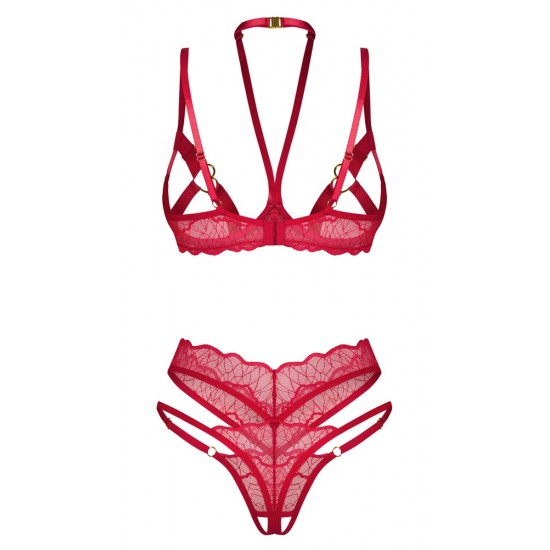 Conjunto crotchless com sutiã e cordãoRenda delicada em uma sensual cor vermelhaDetalhes decorativos em douradoElemento decorativo entre as xícaras abertasCorações decorativos para os mamilosHalterneck ajustável, alças d