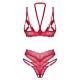 Conjunto crotchless com sutiã e cordãoRenda delicada em uma sensual cor vermelhaDetalhes decorativos em douradoElemento decorativo entre as xícaras abertasCorações decorativos para os mamilosHalterneck ajustável, alças d