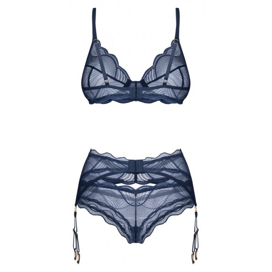 Conjunto de sutiã com aro, cinto suspensor e cordãoEm uma elegante cor azul sobre azulAparência delicada de renda transparenteSutiã ajustável e alças suspensasMacio e elástico para um ajuste muito confortável Elegância s