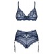 Conjunto de sutiã com aro, cinto suspensor e cordãoEm uma elegante cor azul sobre azulAparência delicada de renda transparenteSutiã ajustável e alças suspensasMacio e elástico para um ajuste muito confortável Elegância s