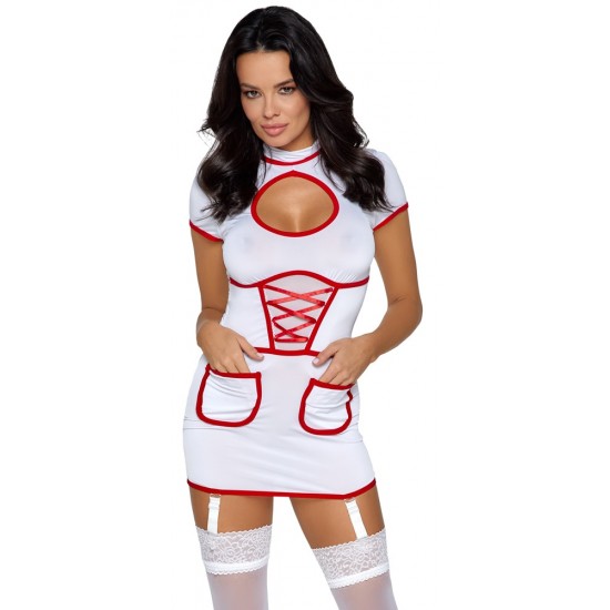Fantasia de enfermeira sexy Fantasia de enfermeira sexy para jogos de médico!Vestido curto semitransparente, branco, suspensório, em um look de enfermeira por Cottelli COSTUMES com detalhes contrastantes em vermelho. Elástico em todo o corpo em um