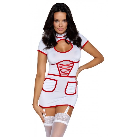 Fantasia de enfermeira sexy Fantasia de enfermeira sexy para jogos de médico!Vestido curto semitransparente, branco, suspensório, em um look de enfermeira por Cottelli COSTUMES com detalhes contrastantes em vermelho. Elástico em todo o corpo em um