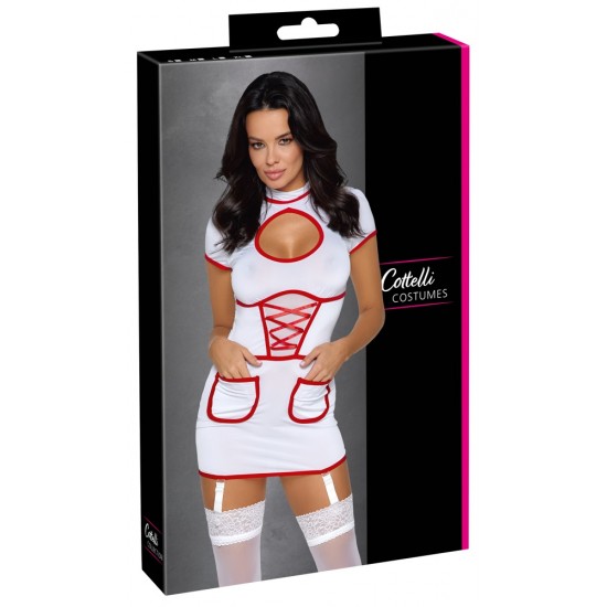 Fantasia de enfermeira sexy Fantasia de enfermeira sexy para jogos de médico!Vestido curto semitransparente, branco, suspensório, em um look de enfermeira por Cottelli COSTUMES com detalhes contrastantes em vermelho. Elástico em todo o corpo em um