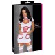 Fantasia de enfermeira sexy Fantasia de enfermeira sexy para jogos de médico!Vestido curto semitransparente, branco, suspensório, em um look de enfermeira por Cottelli COSTUMES com detalhes contrastantes em vermelho. Elástico em todo o corpo em um