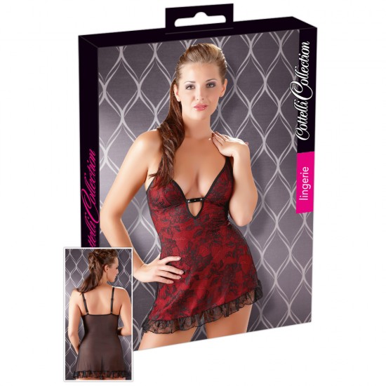 A red and black flowy chemise with a red satin underlining covered by a second black rose-pattern fabric. The back is a see-through powernet mesh. Features a little rhinestone trimmed strap below the neckline. 90% polyam