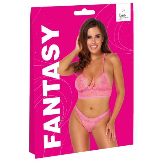 ConjuntoSutiã e Tanga S/M Conjunto de sutiã e tanga sem aro com decote halterRenda delicada em uma cor chamativa: rosa neonInserção de renda nas costasAlça traseira ajustávelMacio e elástico para um ajuste muito confortável Renda sensual em uma c