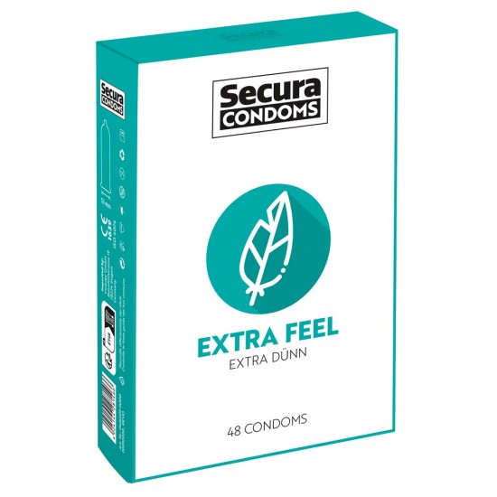 Secura Extra Feel 48pcs Box Preservativos transparentesExtrafino para sensações mais intensasCom revestimento à base de siliconeInodoro e insípidoAdequado para veganos Preservativos extrafinos para uma sensação extra!Preservativos transparentes e m