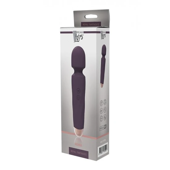 Estimulador Wand Nomia Royal Fantasies Dream Toys Roxo O estimulador wand Nomia da coleção Royal Fantasies da Dream Toys é uma varinha roxa com um toque elegante de cor rosa-dourado na base, cabeça arredondada e pescoço ligeiramente flexível. O Nomia possui um potente