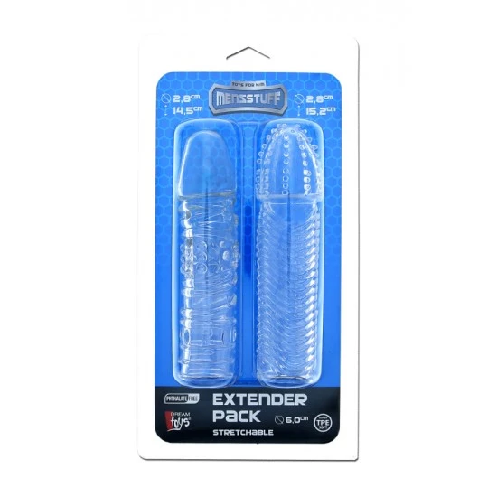 Conjunto de 2 mangas extensoras de circunferência em TPE transparente, macio, superestável e livre de ftalatos.  As mangas texturizadas aumentam a circunferência do pênis, a estimulação da sua cara metade e podem se