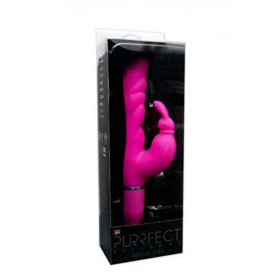 PURRFECT SILICONE DELUXE DUO VIBE PINK O vibrador multifuncional Purrfect Silicone Deluxe Duo Vibe tem tudo para agradar uma mulher: uma haste flexível e macia estimula a vagina enquanto orelhas de coelho acariciam o clitóris. Este incrível brinquedo est