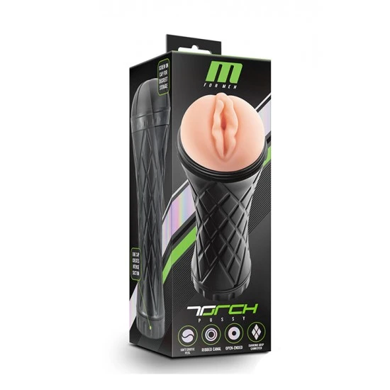 Masturbador Realista Vagina M-For-Men The Torch Pussy Pele Masturbador de aspecto e toque realista e formato de vagina. Em material suave e firme simultaneamente. Inserido numa caixa bonita e discreta para que possa desfrutar de toda a sua privacidade.Com abertura no final do ma