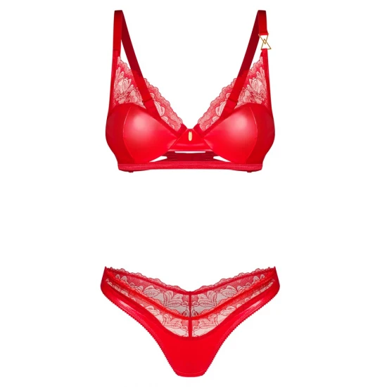 OBS Bra Set S/M Conjunto de sutiã e tanga com aroNuma sensual cor vermelhaLindo material brilhante e delicada renda floralDetalhes decorativos em douradoAlças ajustáveisMacio e elástico para um ajuste muito confortável Material vermelho
