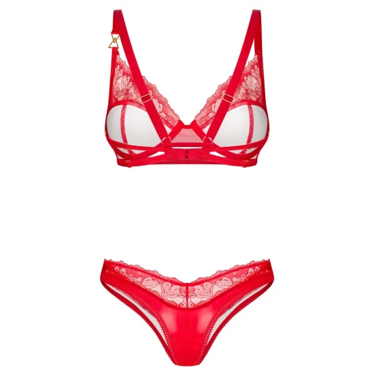 OBS Bra Set S/M Conjunto de sutiã e tanga com aroNuma sensual cor vermelhaLindo material brilhante e delicada renda floralDetalhes decorativos em douradoAlças ajustáveisMacio e elástico para um ajuste muito confortável Material vermelho