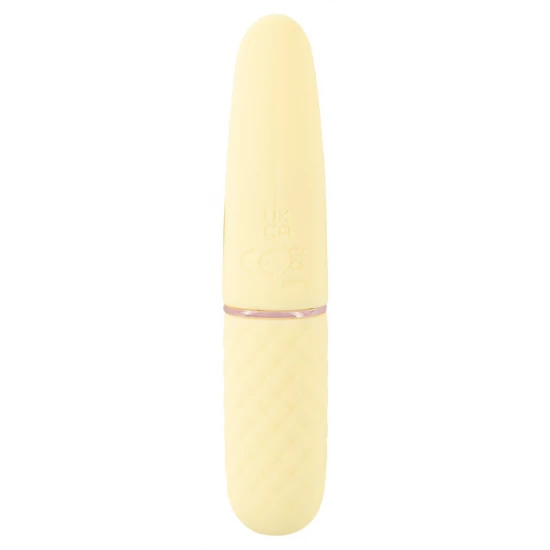 Cuties Mini Vibe Yellow 5. Gen Mini vibrador da 5ª Geração CutiesPonta vibratória achatada com textura estimulanteVibrações intensas que vão fundoFácil de usarDesign elegante em cor pastelA textura de diamante facilita a fixaçãoSilicone aveludado com