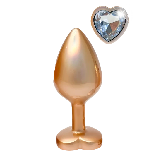 A coleção Gleaming Love apresenta este plug com acabamento em pérola dourada de tamanho pequeno e pedra preciosa. Feito de alumínio leve e suave e sem costura, este brinquedo de prazer é fácil de deslizar e a base alarga