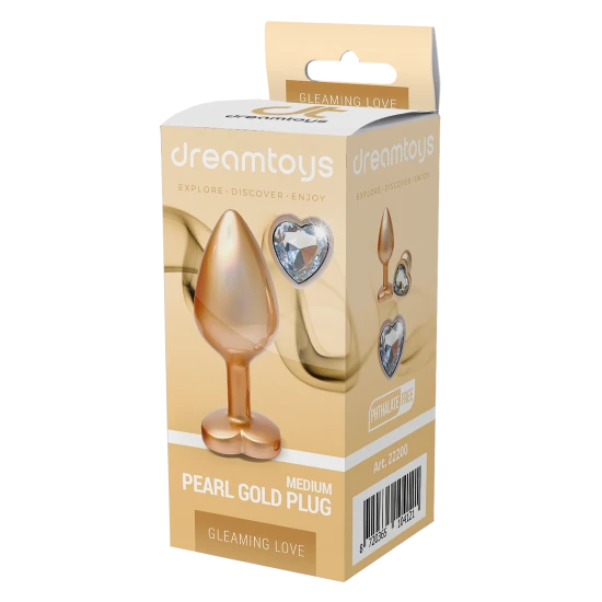 A coleção Gleaming Love apresenta este plug com acabamento em pérola dourada de tamanho pequeno e pedra preciosa. Feito de alumínio leve e suave e sem costura, este brinquedo de prazer é fácil de deslizar e a base alarga