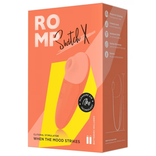 ROMP SWITCH X Pulsador compactoCom a tecnologia Pleasure Air6 intensidadesPilhas incluídas Felicidade orgástica para iniciantes!O vibrador Switch X da ROMP com Pleasure Air Technology para orgasmos intensos em pouco tempo. Vibrações d